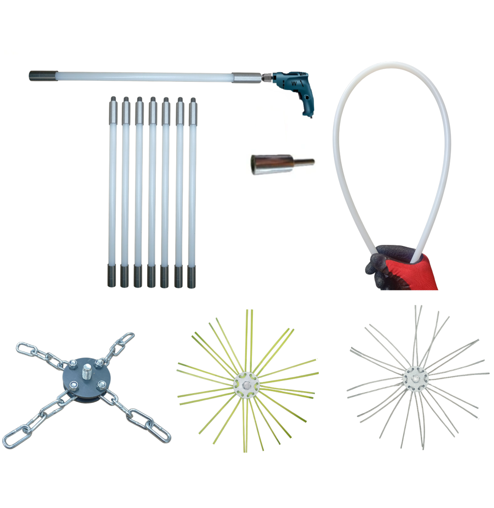 ZESTAW DO MECHANICZNEGO CZYSZCZENIA KOMINA OD DOŁU 7M + 3 GŁOWICE.PRĘT FI 13MM.(4)