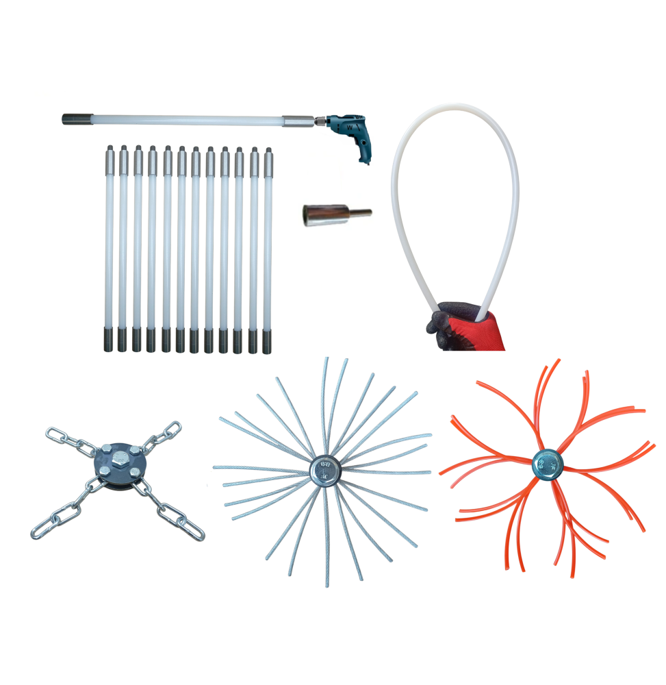 ZESTAW DO MECHANICZNEGO CZYSZCZENIA KOMINA OD DOŁU 12M + 3 GŁOWICE.PRĘT FI 13MM.(4)