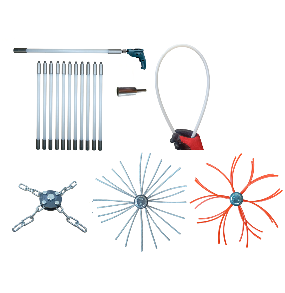 ZESTAW DO MECHANICZNEGO CZYSZCZENIA KOMINA OD DOŁU 11M + 3 GŁOWICE.PRĘT FI 13MM.(4)