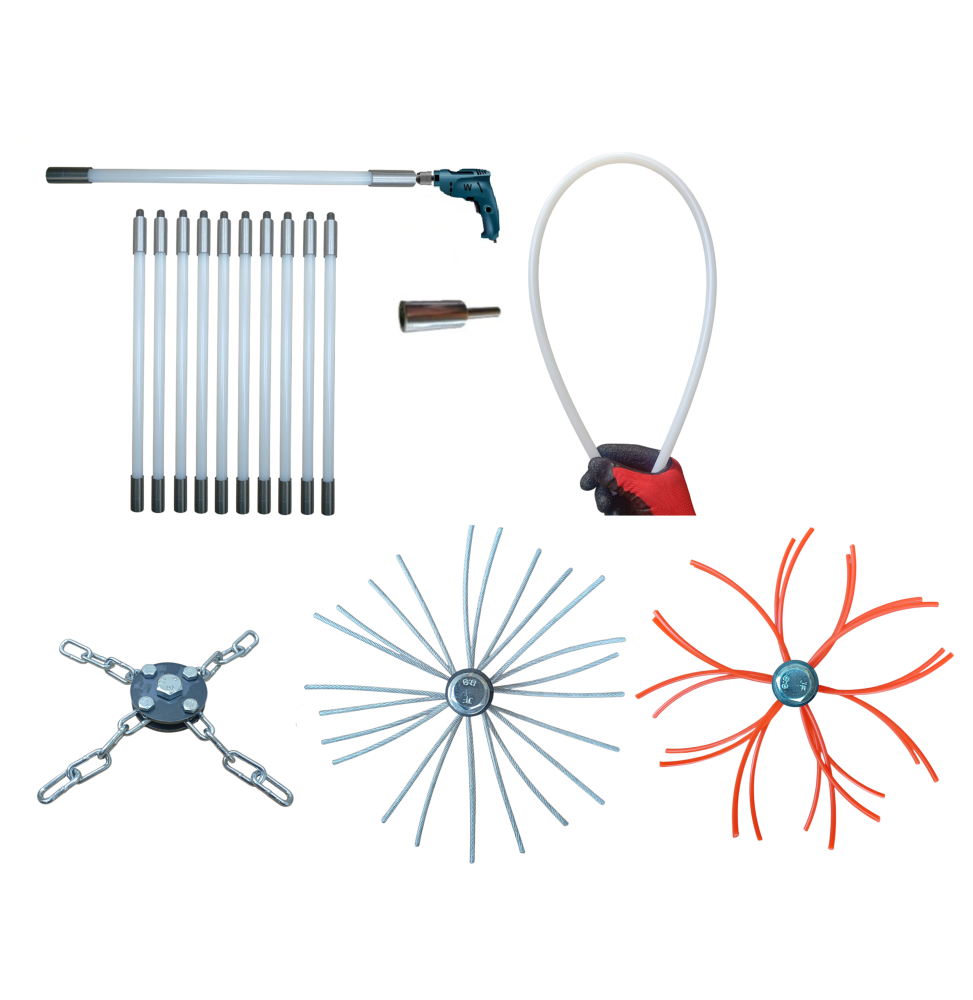 ZESTAW DO MECHANICZNEGO CZYSZCZENIA KOMINA OD DOŁU 10M + 3 GŁOWICE.PRĘT FI 13MM.(4)