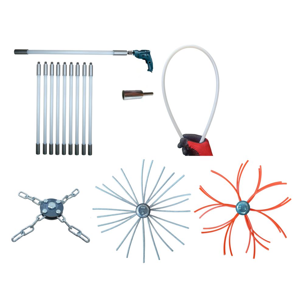 ZESTAW DO MECHANICZNEGO CZYSZCZENIA KOMINA OD DOŁU 9M + 3 GŁOWICE.PRĘT FI 13MM.(4)