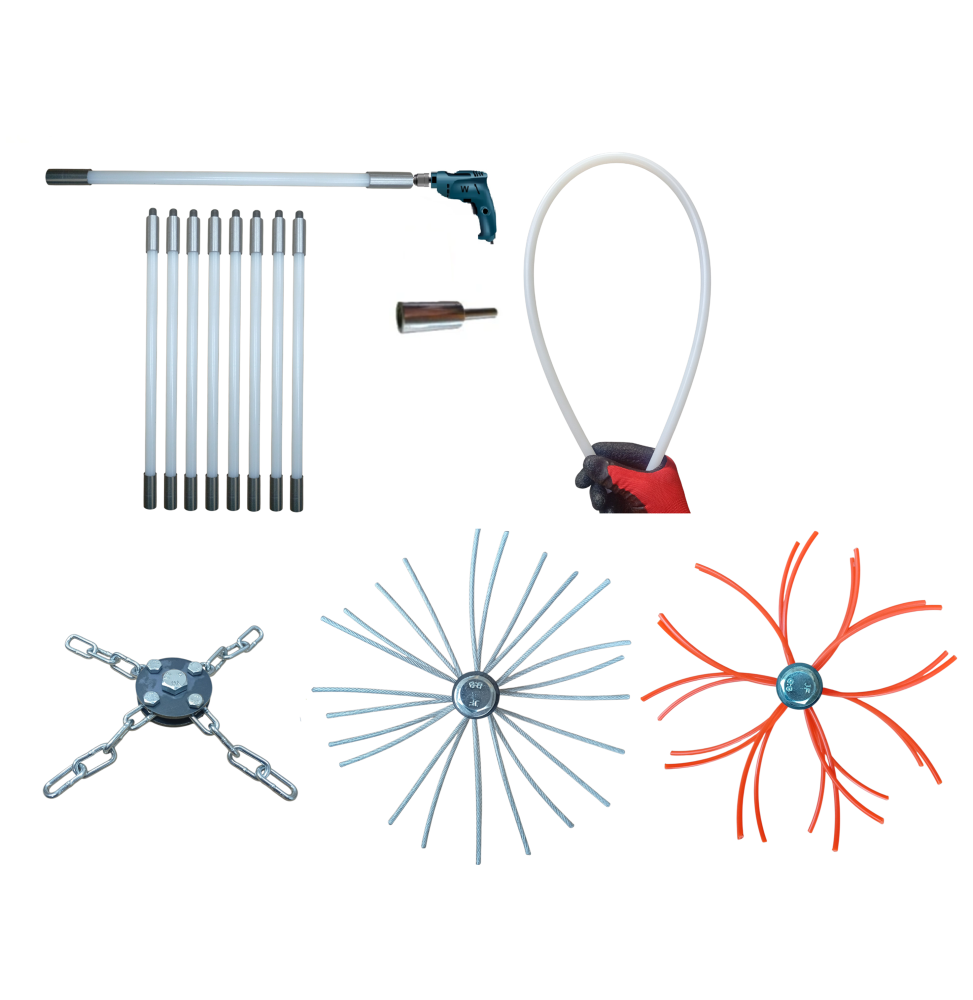 ZESTAW DO MECHANICZNEGO CZYSZCZENIA KOMINA OD DOŁU 8M + 3 GŁOWICE.PRĘT FI 13MM.(4)