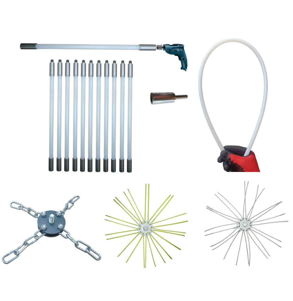 ZESTAW DO MECHANICZNEGO CZYSZCZENIA KOMINA OD DOŁU 11M + 3 GŁOWICE.PRĘT FI 13MM.(4)