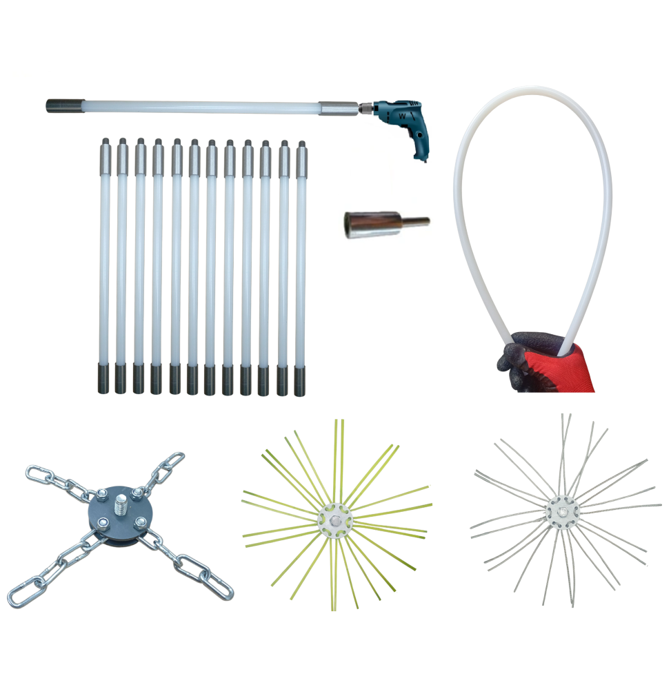 ZESTAW DO MECHANICZNEGO CZYSZCZENIA KOMINA OD DOŁU 12M + 3 GŁOWICE.PRĘT FI 13MM.(4)