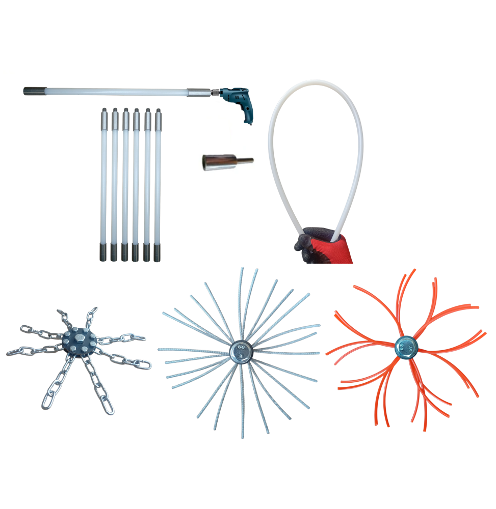 ZESTAW DO MECHANICZNEGO CZYSZCZENIA KOMINA OD DOŁU 6M + 3 GŁOWICE.PRĘT FI 13MM.(8)