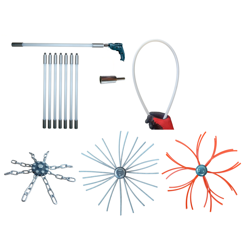 ZESTAW DO MECHANICZNEGO CZYSZCZENIA KOMINA OD DOŁU 7M + 3 GŁOWICE.PRĘT FI 13MM.(8)