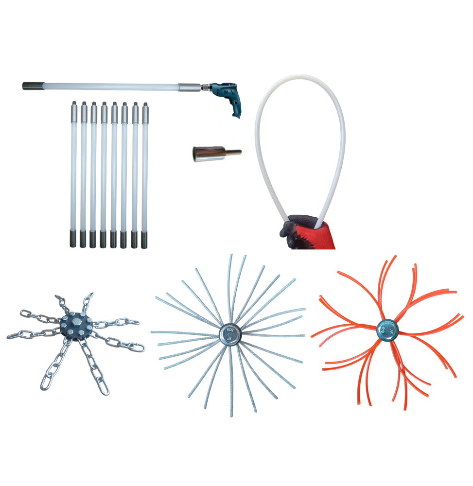 ZESTAW DO MECHANICZNEGO CZYSZCZENIA KOMINA OD DOŁU 8M + 3 GŁOWICE.PRĘT FI 13MM.(8)