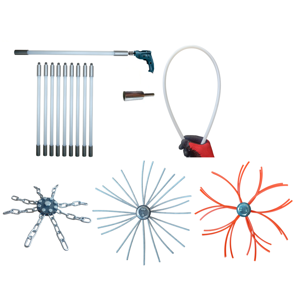ZESTAW DO MECHANICZNEGO CZYSZCZENIA KOMINA OD DOŁU 9M + 3 GŁOWICE.PRĘT FI 13MM.(8)
