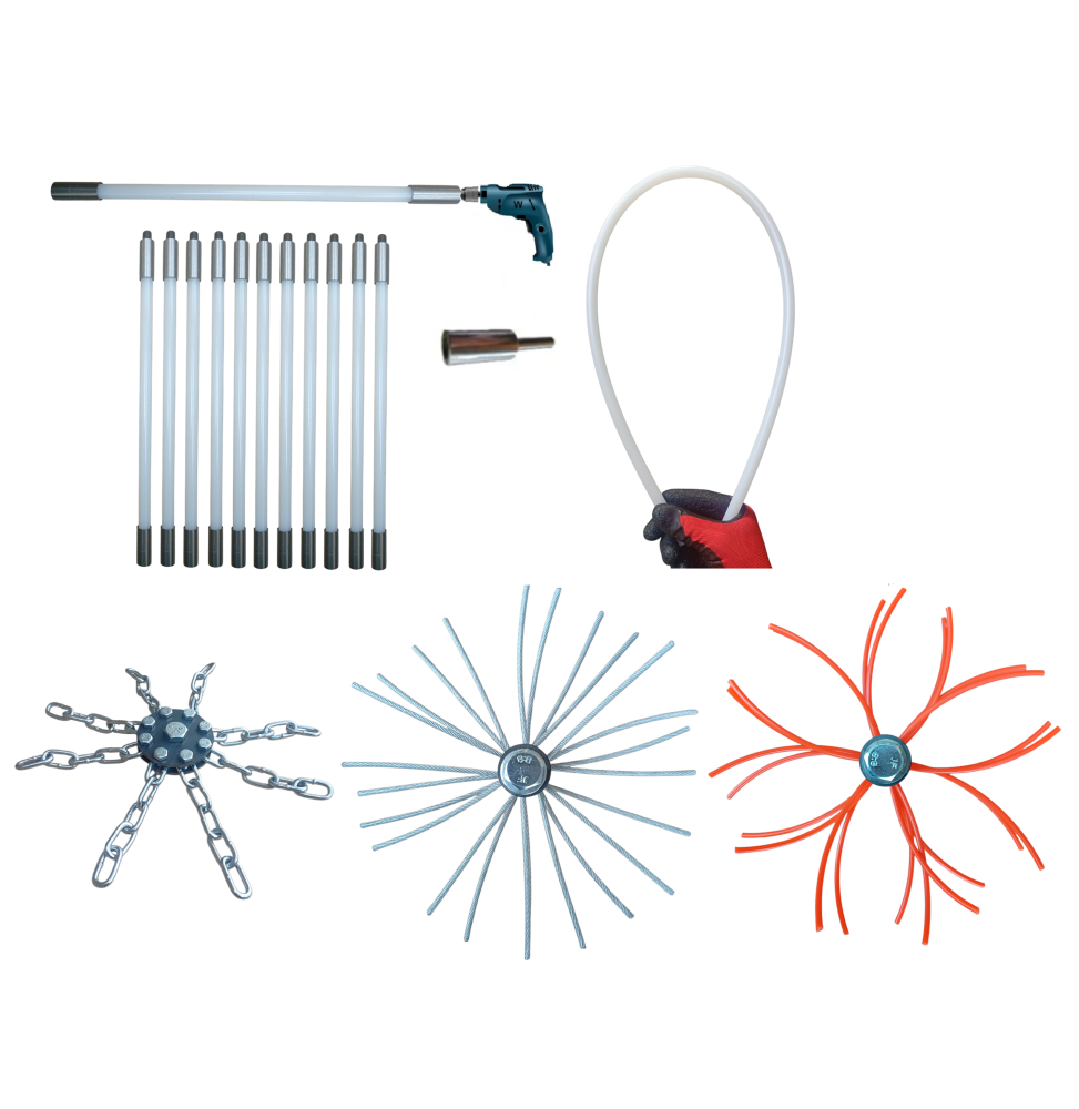 ZESTAW DO MECHANICZNEGO CZYSZCZENIA KOMINA OD DOŁU 11M + 3 GŁOWICE.PRĘT FI 13MM.(8)