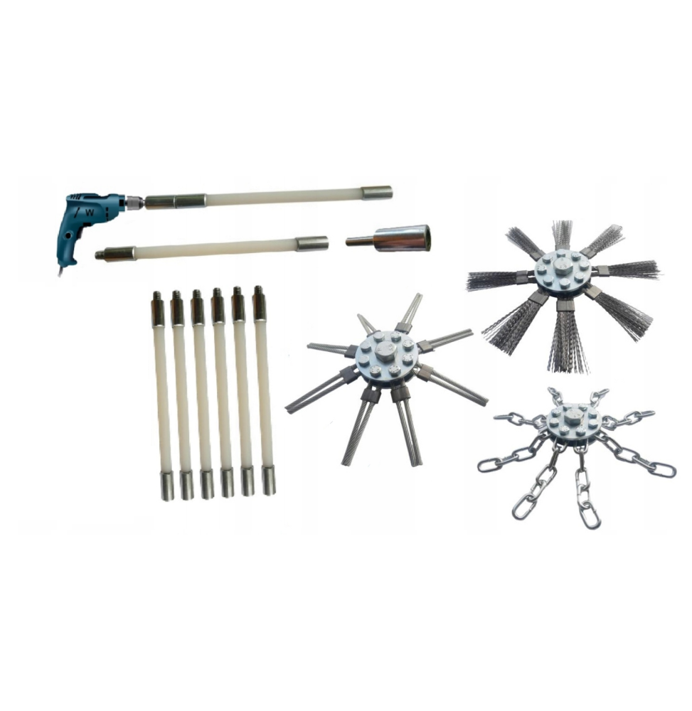 ZESTAW 8,4M. DO CZYSZCZENIA KOMINA OD DOŁU NA WIERTARKĘ 8,4 METRÓW + 3 GŁOWICE (8)(6x1,4)