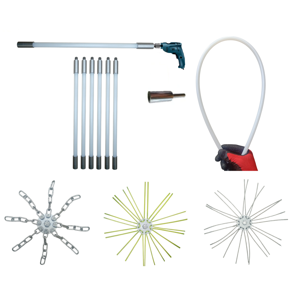 ZESTAW DO MECHANICZNEGO CZYSZCZENIA KOMINA OD DOŁU 6M + 3 GŁOWICE.PRĘT FI 13MM.(8)