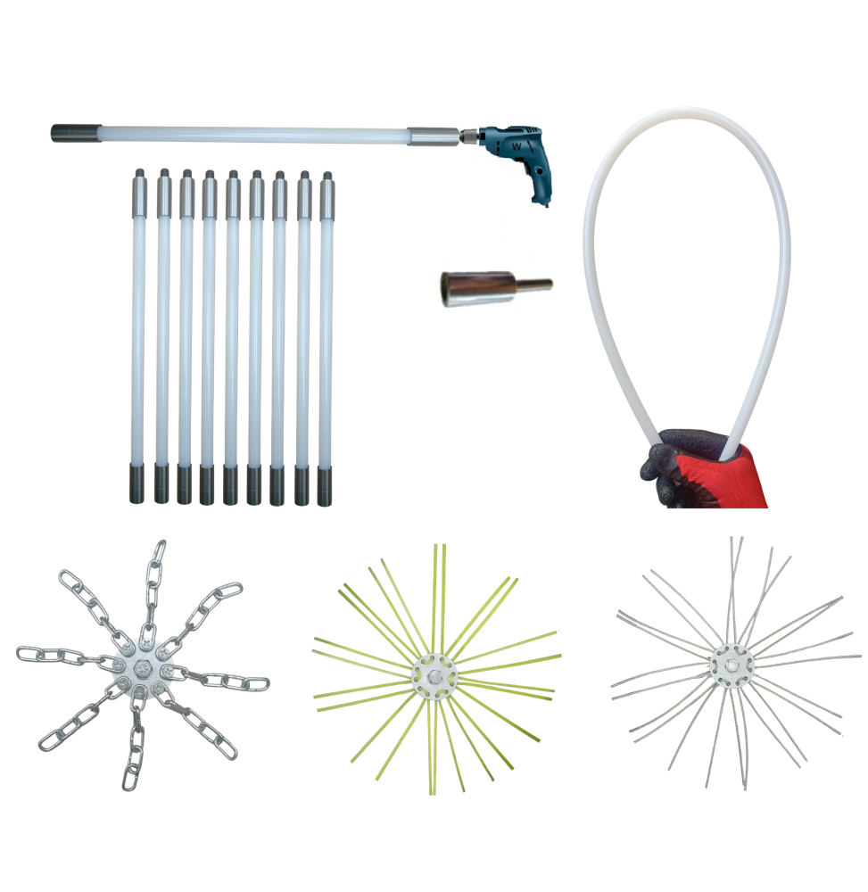 ZESTAW DO MECHANICZNEGO CZYSZCZENIA KOMINA OD DOŁU 9M + 3 GŁOWICE.PRĘT FI 13MM.(8)