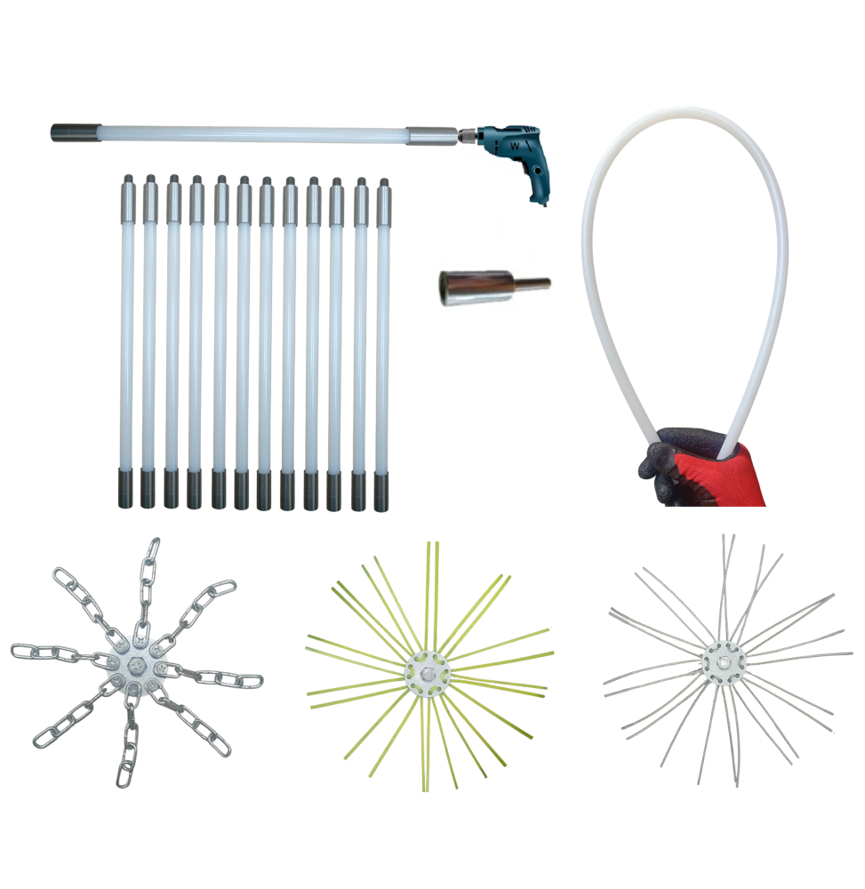 ZESTAW DO MECHANICZNEGO CZYSZCZENIA KOMINA OD DOŁU 12M + 3 GŁOWICE.PRĘT FI 13MM.(8)
